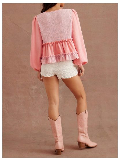 Sweet pink patchwork V-neck ruffled cropped top - Image 3