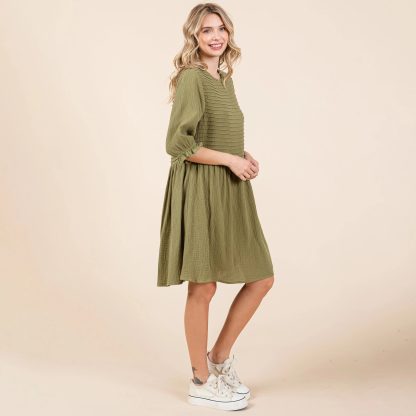 Retro literary style olive green pleated waist dress - Image 6