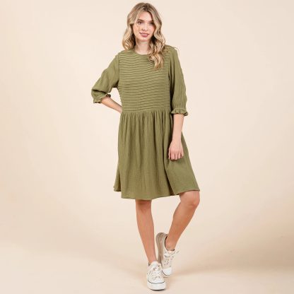Retro literary style olive green pleated waist dress - Image 5