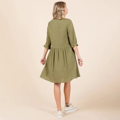 Retro literary style olive green pleated waist dress - Image 4