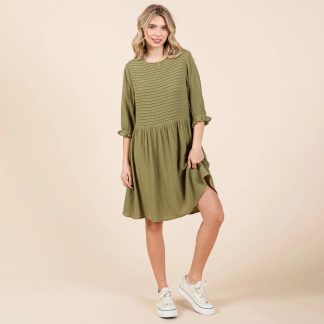 Retro literary style olive green pleated waist dress