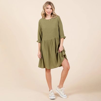 Retro literary style olive green pleated waist dress