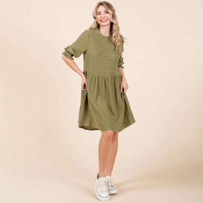 Retro literary style olive green pleated waist dress - Image 2