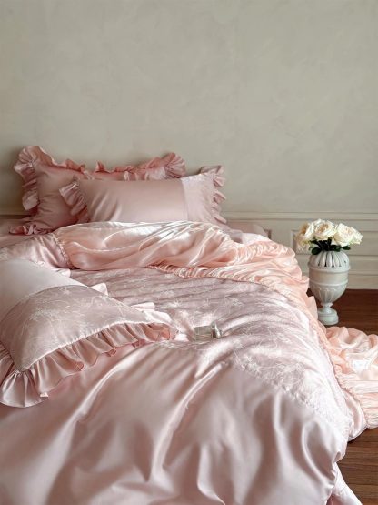 Princess style soft pink satin four-piece bedding set