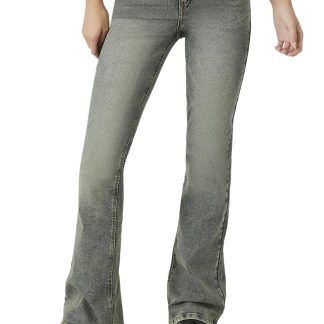 Gray-green high-waisted bootcut jeans