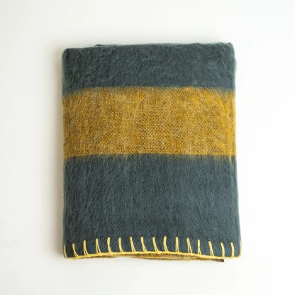 Gray, blue, and turmeric hand-stitched throw blanket