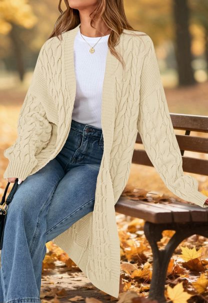 Beige Cable Knit Mid-Length Cardigan - Image 7