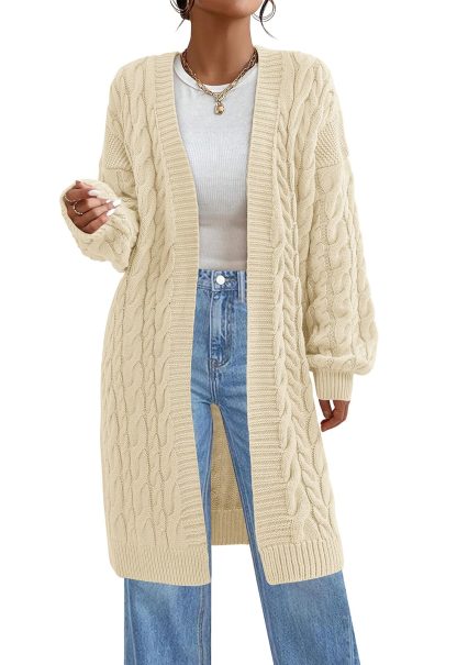 Beige Cable Knit Mid-Length Cardigan - Image 6