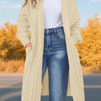 Beige Cable Knit Mid-Length Cardigan