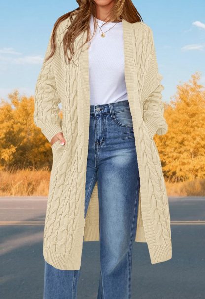 Beige Cable Knit Mid-Length Cardigan