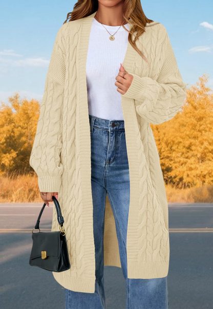 Beige Cable Knit Mid-Length Cardigan - Image 4