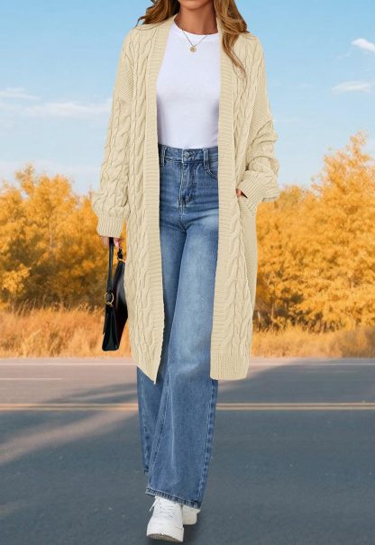Beige Cable Knit Mid-Length Cardigan - Image 3