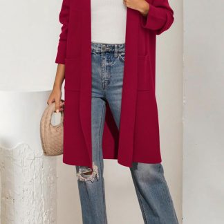 Burgundy mid-length knitted cardigan