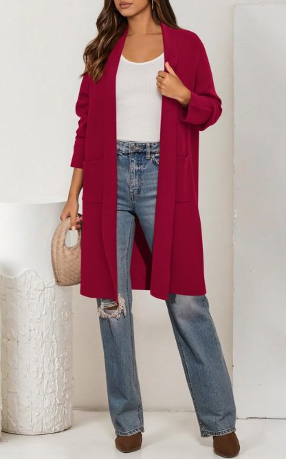 Burgundy mid-length knitted cardigan