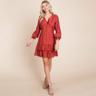 Sweet and spicy V-neck lantern sleeve ruffle dress