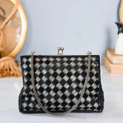 Vintage black and white woven metal chain handbag - Image 7