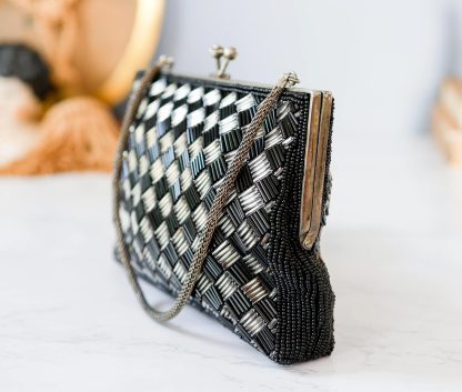 Vintage black and white woven metal chain handbag - Image 3