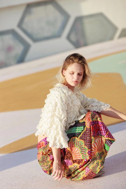 Ethnic style colorful printed high waist draped maxi skirt - Image 2