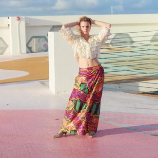Ethnic style colorful printed high waist draped maxi skirt
