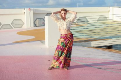 Ethnic style colorful printed high waist draped maxi skirt
