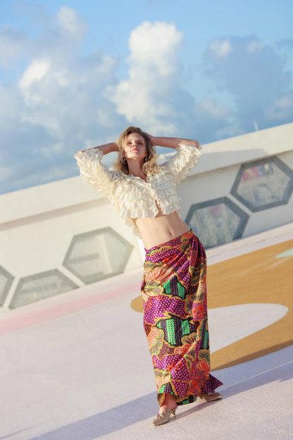Ethnic style colorful printed high waist draped maxi skirt - Image 7