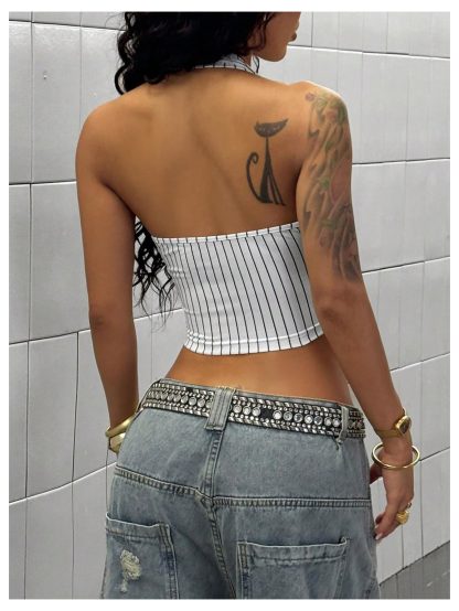 Halter neck striped letter print short vest - Image 4