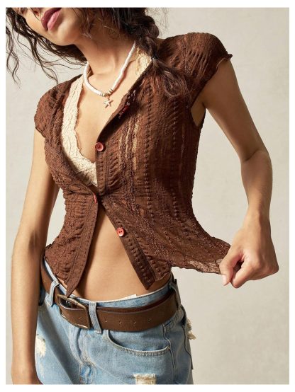 American Retro Lace Panel Button Cardigan Top - Image 6