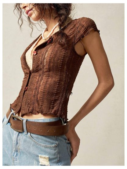 American Retro Lace Panel Button Cardigan Top - Image 2