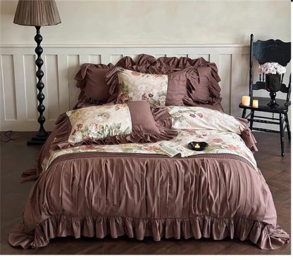 Retro brown floral ruffled bedding four-piece set