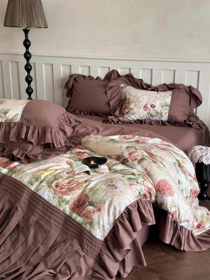 Retro brown floral ruffled bedding four-piece set - Image 2