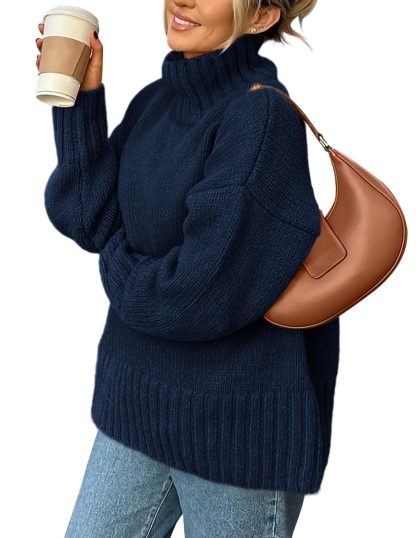 Navy blue high-neck loose-fitting knitted sweater - Image 6