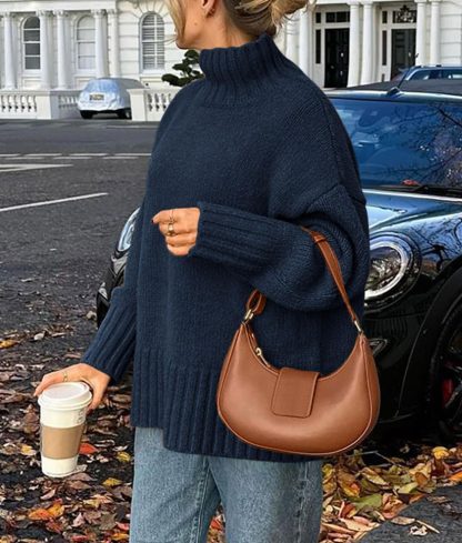 Navy blue high-neck loose-fitting knitted sweater - Image 4