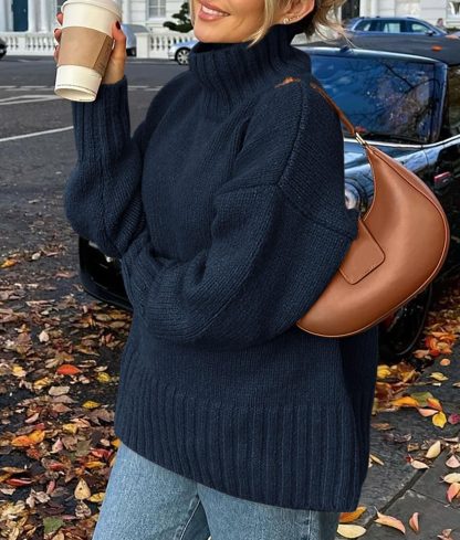Navy blue high-neck loose-fitting knitted sweater - Image 3