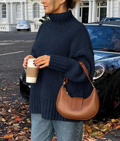 Navy blue high-neck loose-fitting knitted sweater - Image 2