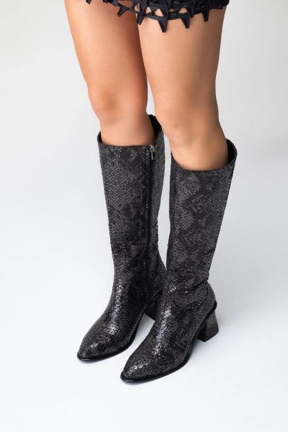 Retro diamond snake print high boots - Image 5