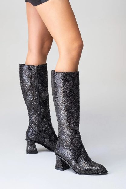 Retro diamond snake print high boots - Image 2