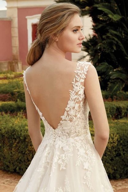 Light Beige Lace See-Through Round Neck Wedding Dress with Train - Image 6