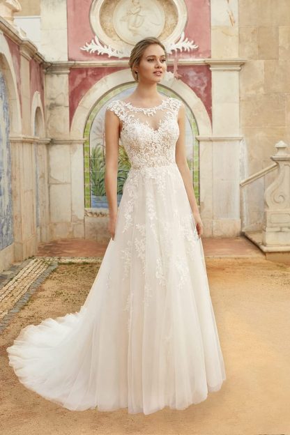 Light Beige Lace See-Through Round Neck Wedding Dress with Train - Image 4