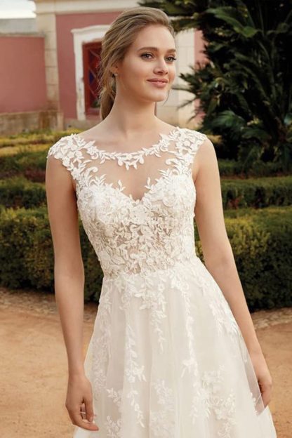 Light Beige Lace See-Through Round Neck Wedding Dress with Train - Image 2