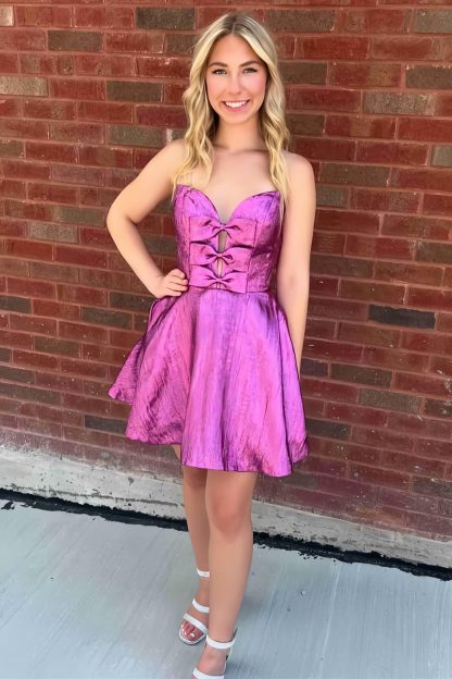 Purple Tie Heart-Shaped Collar Short Dress - Image 4