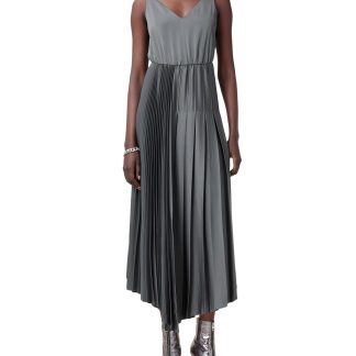 Grey V-Neck Slip-On Pleated Dress