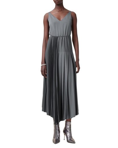Grey V-Neck Slip-On Pleated Dress