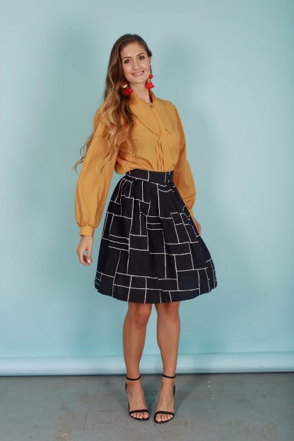 Black Geometric Check A-Line Skirt