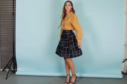 Black Geometric Check A-Line Skirt - Image 4