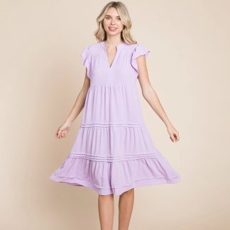 Gentle and healing lavender V-neck ruffled cake dress