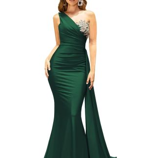 Dark green one-shoulder rhinestone fishtail dress with train