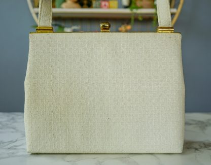 Vintage white textured fabric tote with gold hardware - Image 6