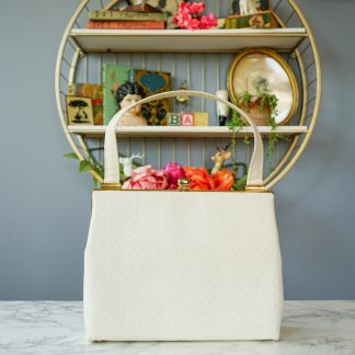 Vintage white textured fabric tote with gold hardware