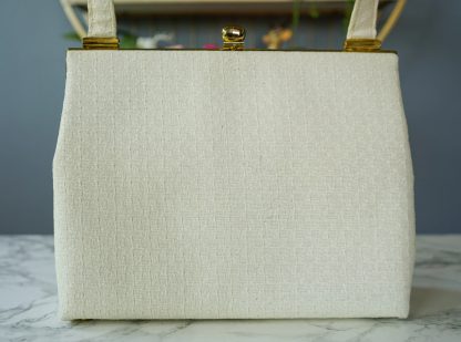 Vintage white textured fabric tote with gold hardware - Image 4