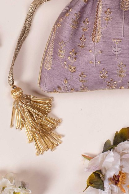 Lavender Purple Gilded Embroidered Drawstring Bag - Image 6